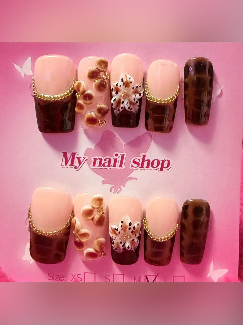 My Nail Shop Pink & Brown Floral Press-On Nail Set